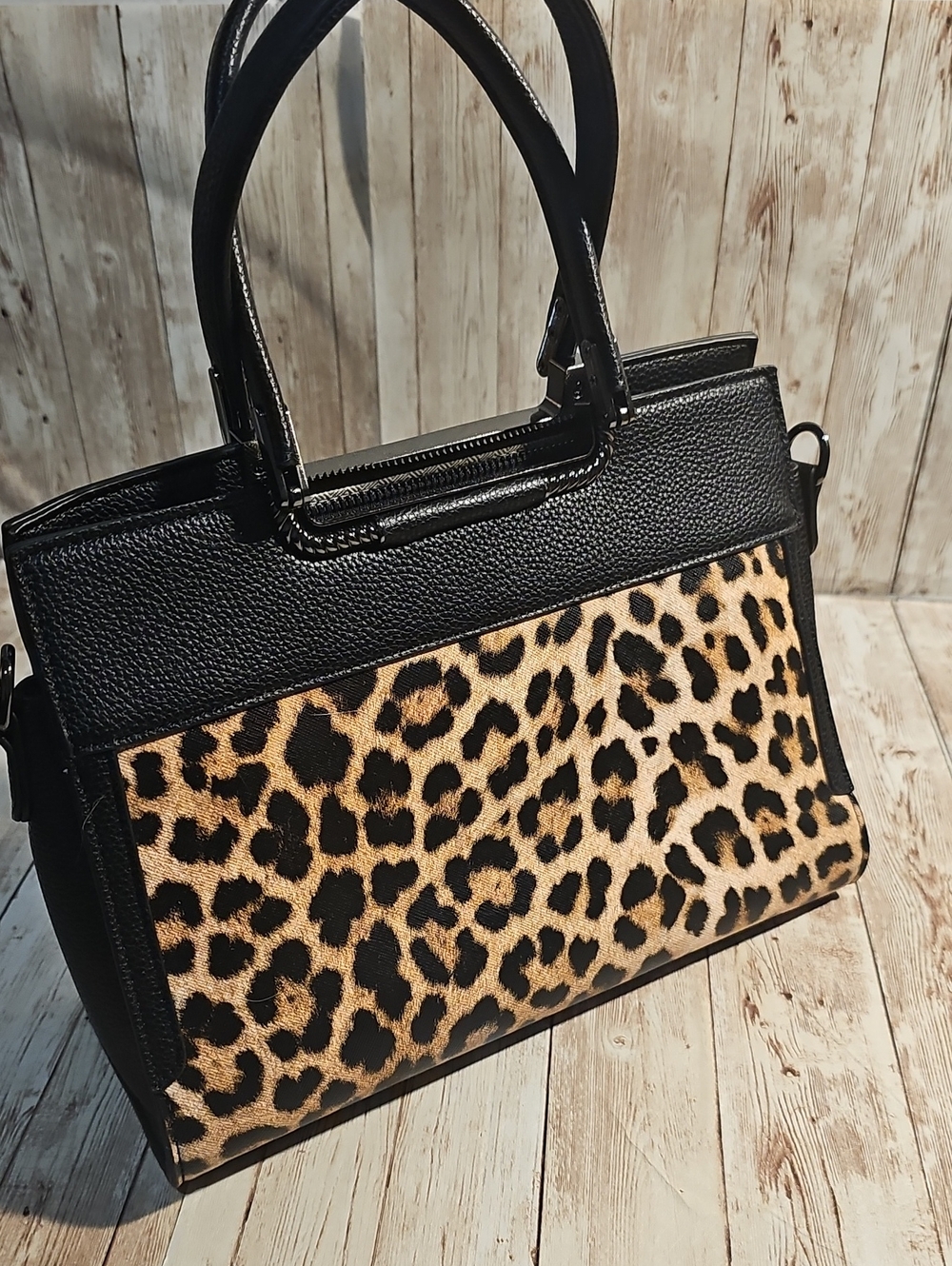Leopard Print Faux Leather Satchel Handbag - Black and Tan